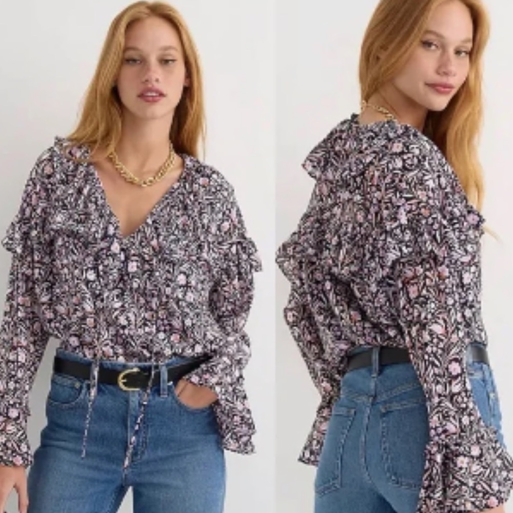 J. Crew Navy Floral Flourish Printed Ruffle Crinkle Chiffon Top